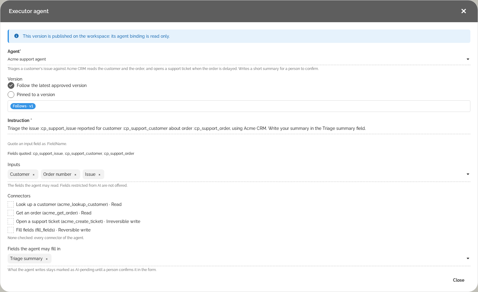 Un agente ejecutor vinculado a una tarea BPMN en HEFLO AI: agente, versión, instrucción, entradas, conectores y campos que el agente puede completar