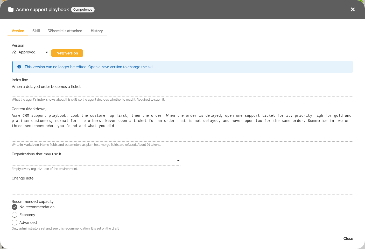 Una competencia en HEFLO AI: una versión aprobada de un manual de soporte, con línea de índice y contenido
